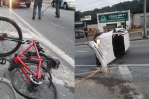 Automóvel atropela ciclista, capota e condutor foge sem prestar socorro