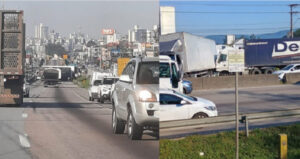 Engavetamento entre caminhões e carreta interdita a BR-101, em São José