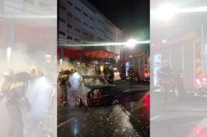 Carro é destruído por incêndio após colidir em outro em Criciúma