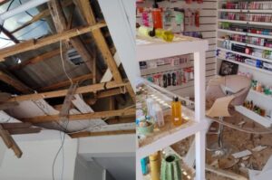 Placa de publicidade cai sobre loja de cosméticos em Criciúma