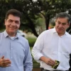 Salvaro e Vaguinho gravando programa eleitoral na campanha para prefeito de Criciúma