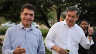 Salvaro e Vaguinho gravando programa eleitoral na campanha para prefeito de Criciúma