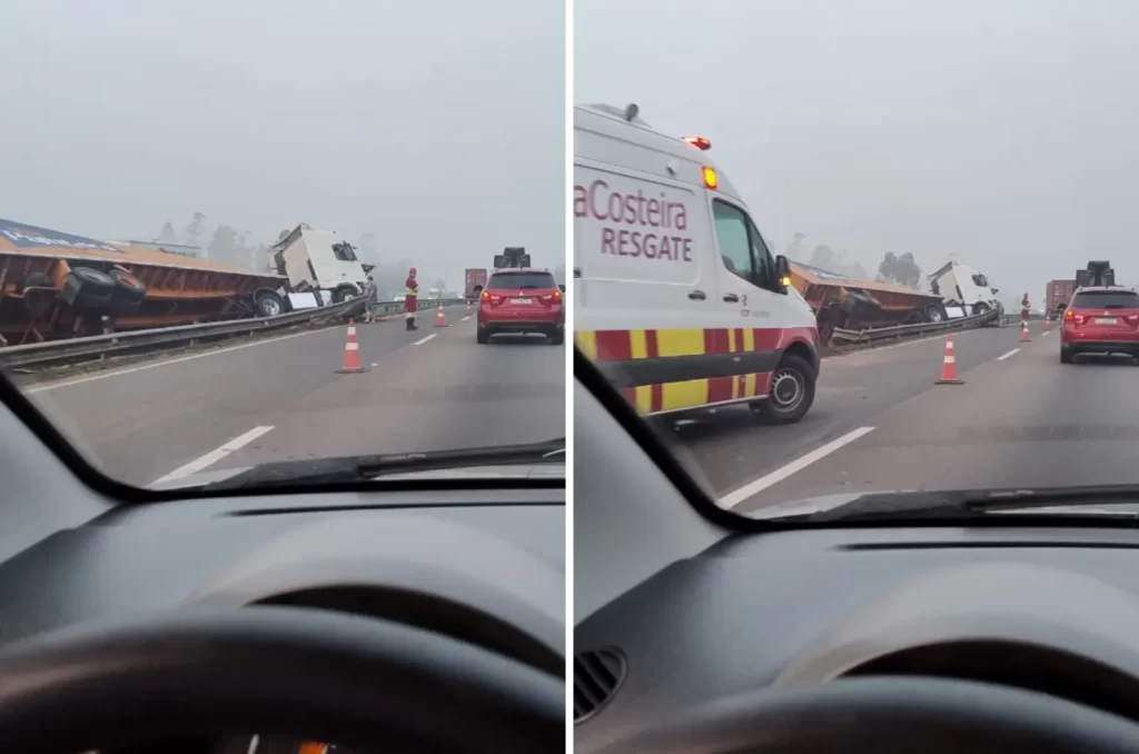 Carreta tomba e deixa trânsito em meia pista na BR-101 em Içara