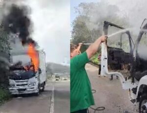 Trabalhadores salvam motorista de incêndio em Penha