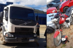 Motoqueiro fica gravemente ferido após colisão com caminhão