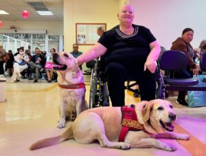 Pacientes em tratamento para o câncer recebem visita de cães do Corpo de Bombeiros em Florianópolis