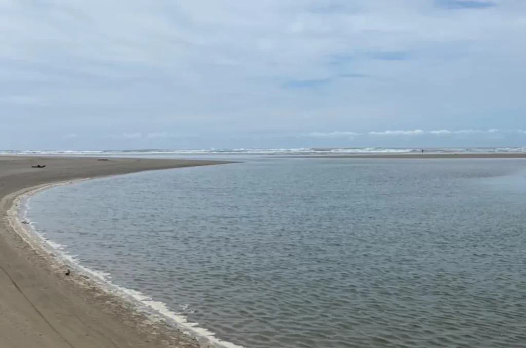 Imagem da foz do Rio Araranguá mostrando acúmulo de areia e mudanças na área do assoreamento 