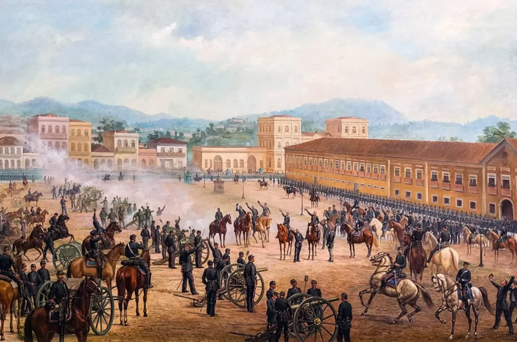 Pintura histórica de Benedito Calixto retratando a Proclamação da República em 1889, com Marechal Deodoro da Fonseca liderando o evento