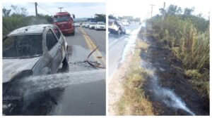Incêndio em automóvel provoca queimada em vegetação nas margens da SC-445 em Morro da Fumaça