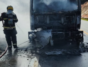 Incêndio destrói caminhão na BR-282; motorista sai ileso