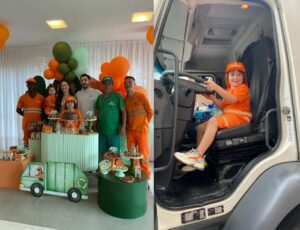 Garoto escolhe caminhão de lixo para tema da festa de aniversário
