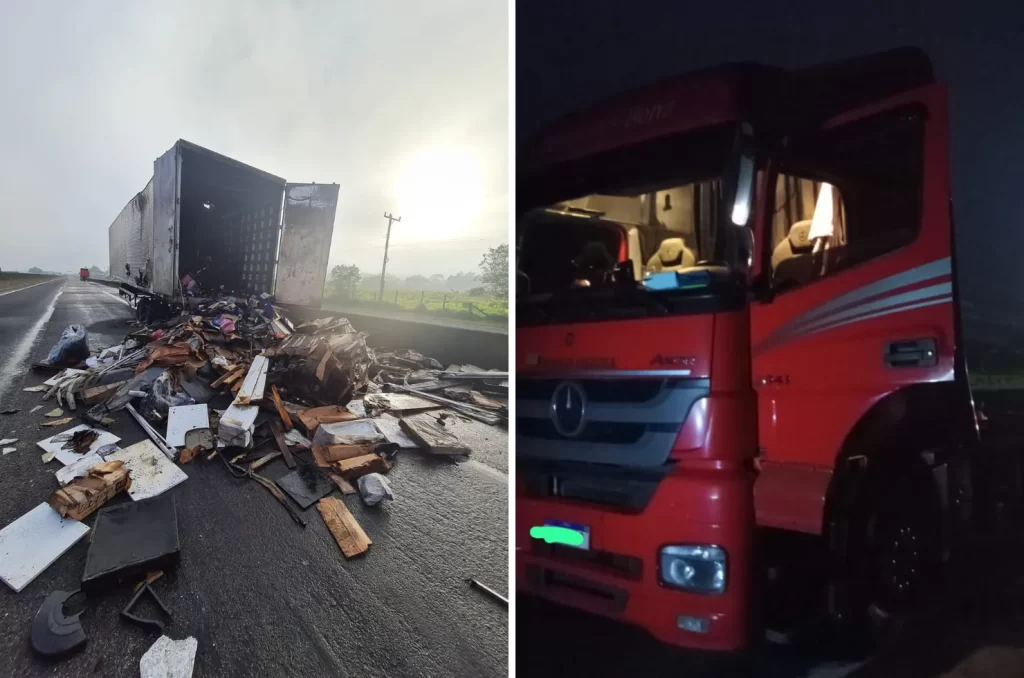 Incêndio atinge caminhão e carga fica espalhada pela BR-101