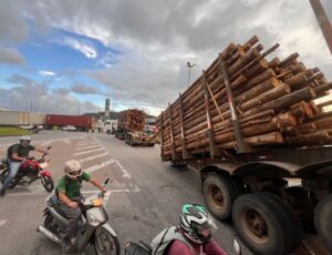 Caminhão com toras quebra e instaura o caos em Itajaí