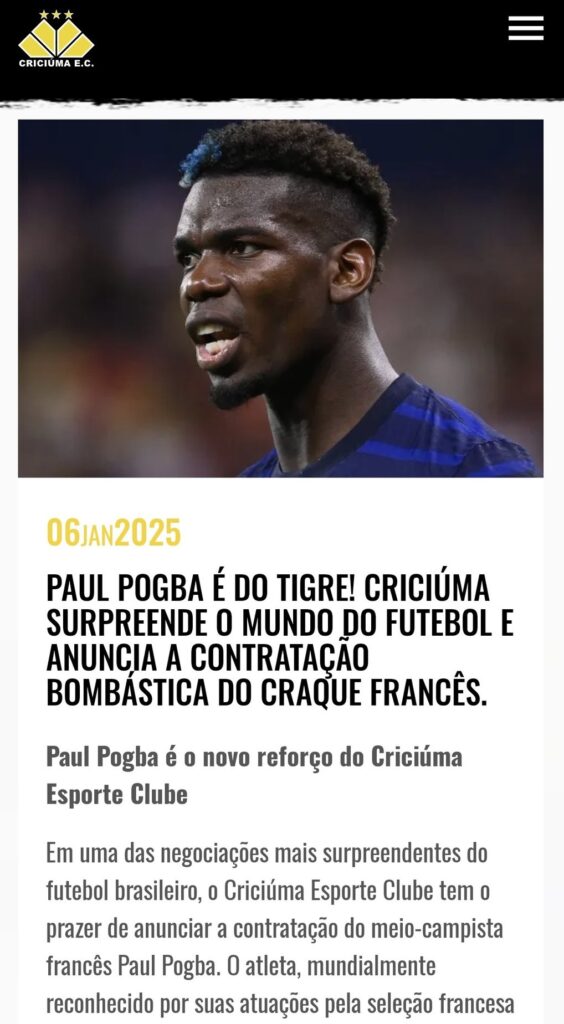 Pogba no Criciúma Site do Tigre é hackeado e exibe anúncio inusitado 1