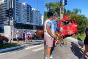 Grávida é socorrida após engavetamento com ônibus