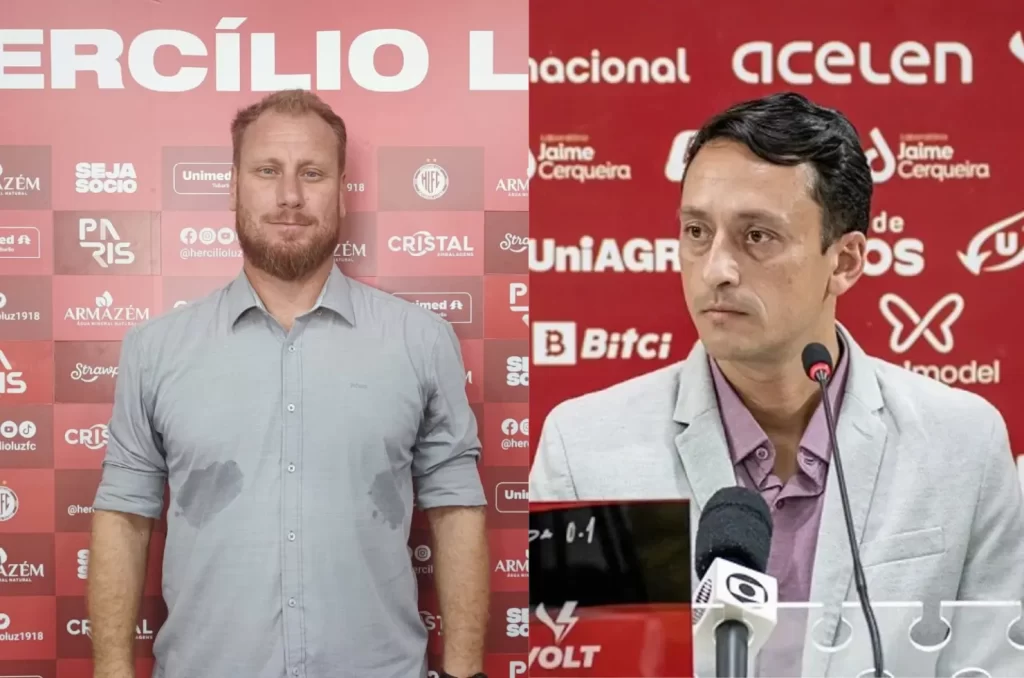 Pedro Smania e Ítalo Rodrigues lado a lado, representando a polêmica nos bastidores do Criciúma após veto do executivo ao auxiliar