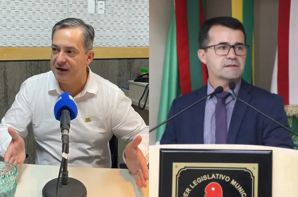 Imagem do prefeito Vagner Espíndola e do vereador Juarez de Jesus, ilustrando o confronto de opiniões sobre a readequação de cargos na Prefeitura de Criciúma, tema central da polêmica debatida na Câmara