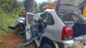 Mulher fica presa após colisão com poste em Criciúma