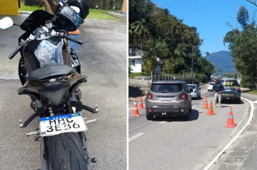 PRF flagra racha de motos na BR-282 e prende motociclista com placa adulterada
