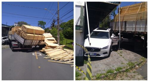 Carreta desgovernada desce ladeira de ré e esmaga carro de luxo em Criciúma