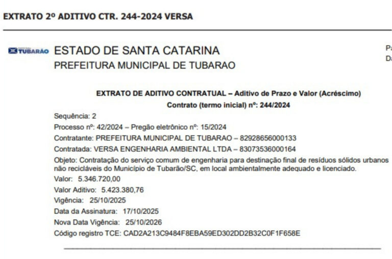 Contrato do lixo com a antiga Serrana é prorrogado e vereador questiona “Onde está a transparência”. - Foto: Reprodução/static.dom.sc.gov.br
