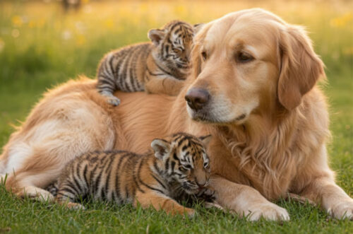 Golden Retriever cria 3 filhotes de tigre e comove o mundo