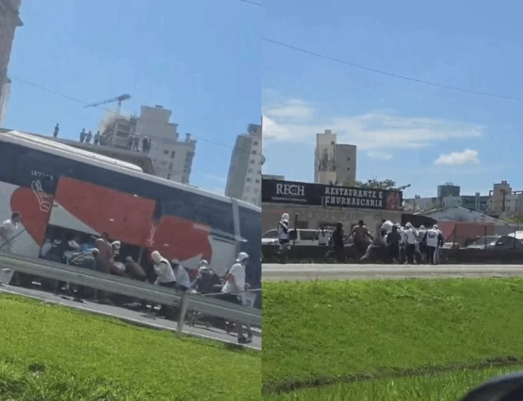 Confronto entre torcidas bloqueia BR-101 e deixa ônibus destruído em Itapema