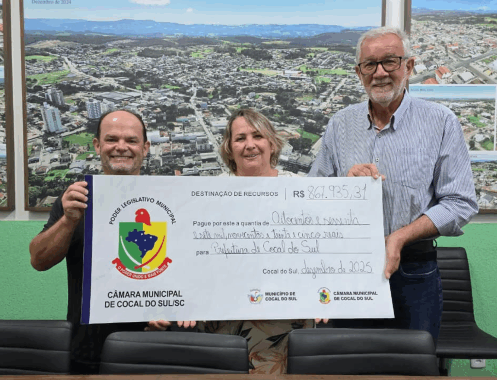 Câmara de Cocal do Sul devolve R$ 1,28 milhão e encerra 2025 com recorde histórico