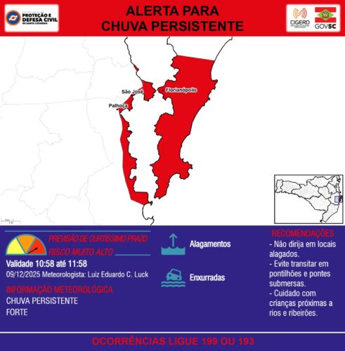 Defesa Civil emite alerta para chuva forte e risco de enxurradas na Grande Florianópolis