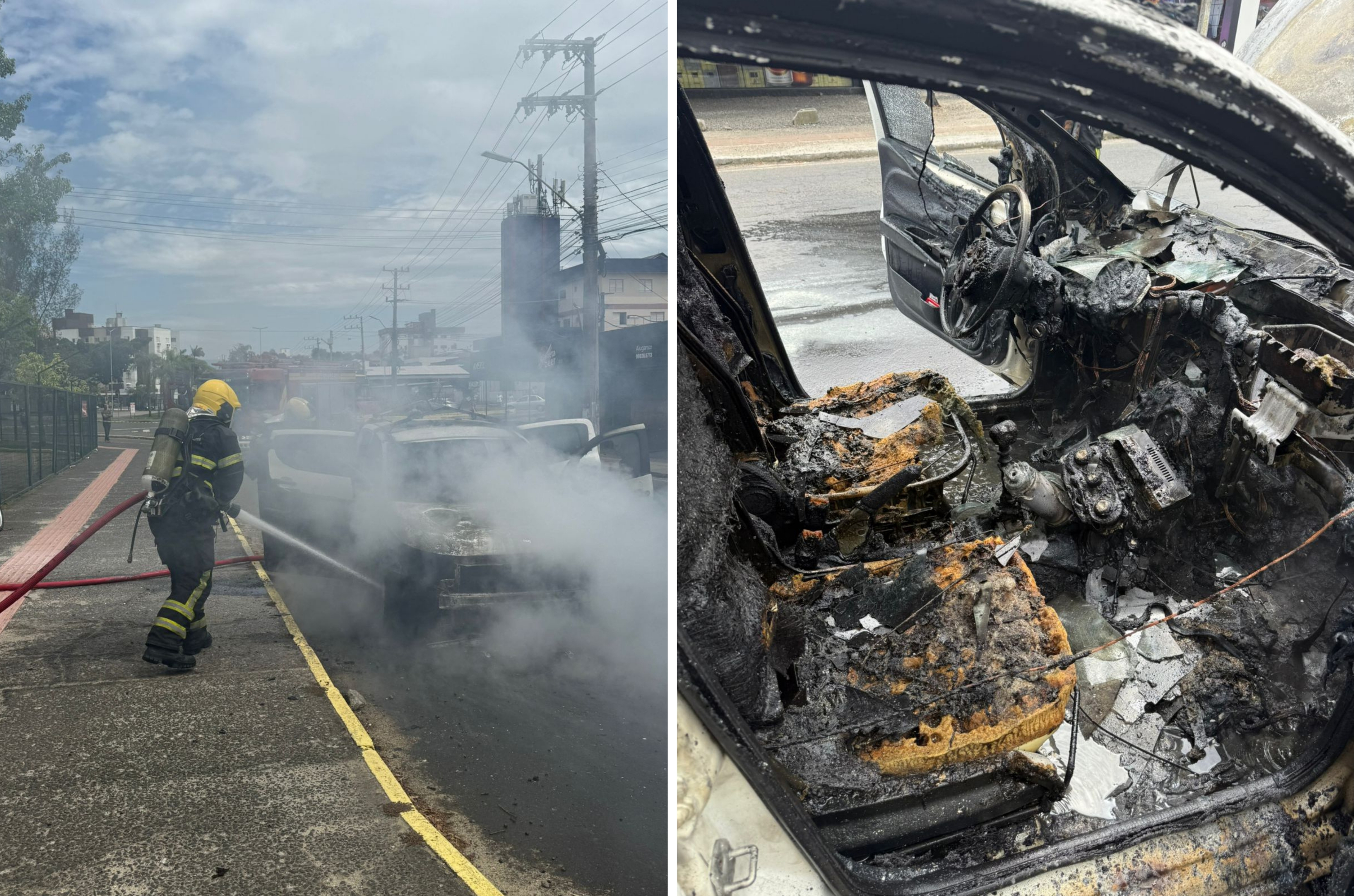 Incêndio destrói carro às margens da Rodovia Jorge Lacerda, em Criciúma