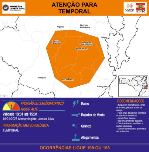 Defesa Civil emite alerta de temporal para municípios da Grande Florianópolis