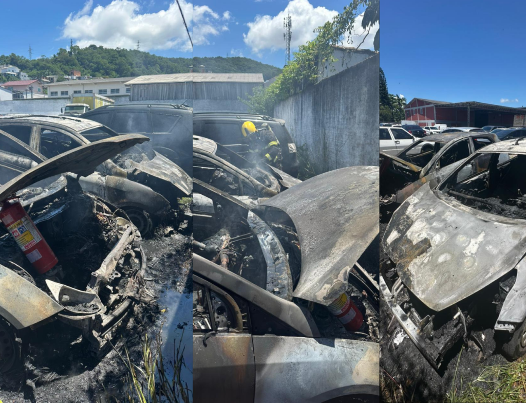 Incêndio atinge três veículos em pátio no bairro Forquilhinhas, em São José