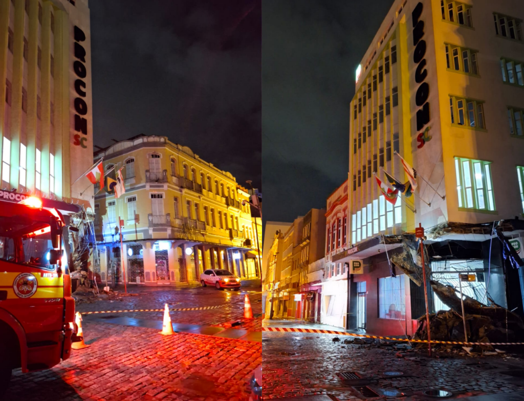 Parte de marquise desaba no Centro de Florianópolis