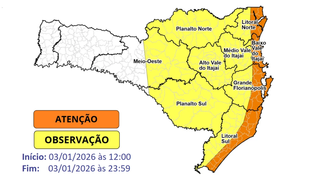 Defesa Civil alerta para temporais e ventos fortes em SC neste sábado. Foto: Divulgação/Defesa Civil