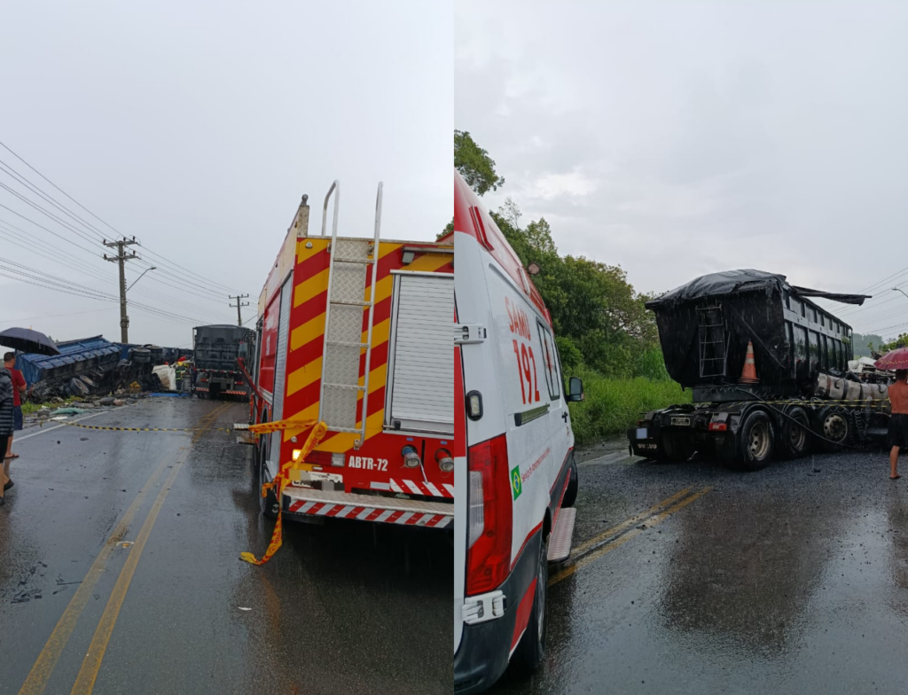 Colisão entre carretas interdita SC-443 e mobiliza resgate para desencarceramento em Içara