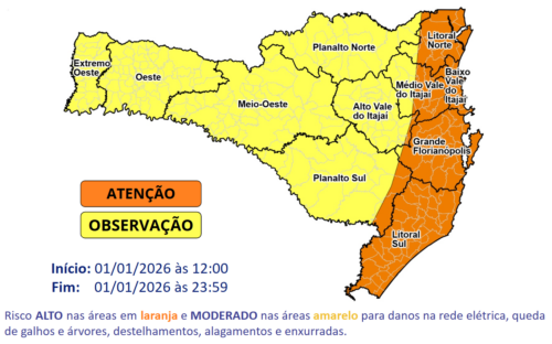 Temporais voltam a atingir Santa Catarina e elevam risco de ocorrências