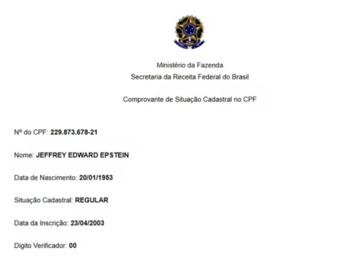 Documentos dos EUA revelam CPF brasileiro de Jeffrey Epstein