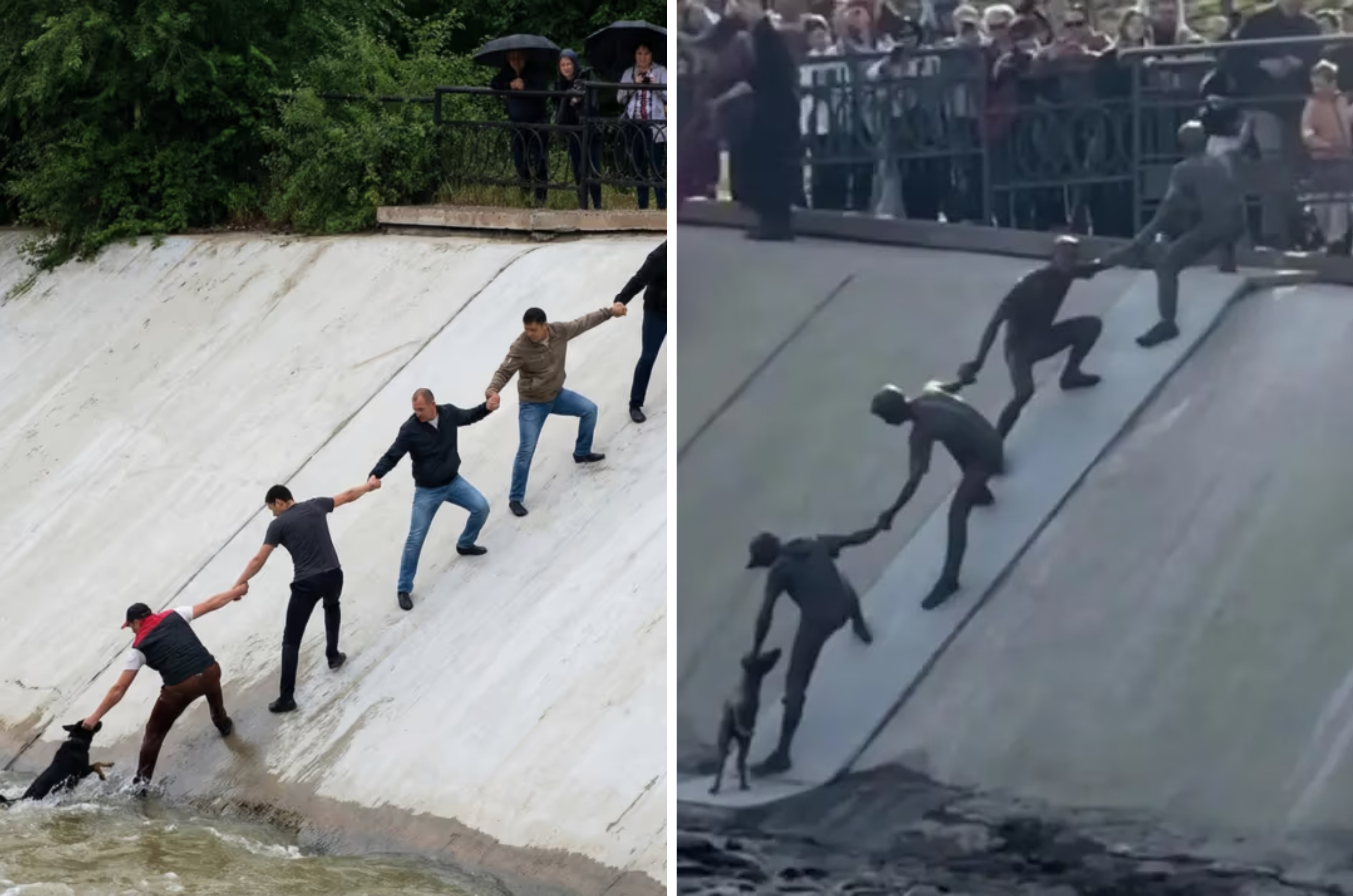 Estátua emociona ao eternizar resgate de cachorro em correnteza