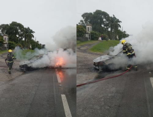 Carro pega fogo na BR-101 após passar por objeto e assusta motoristas em Biguaçu