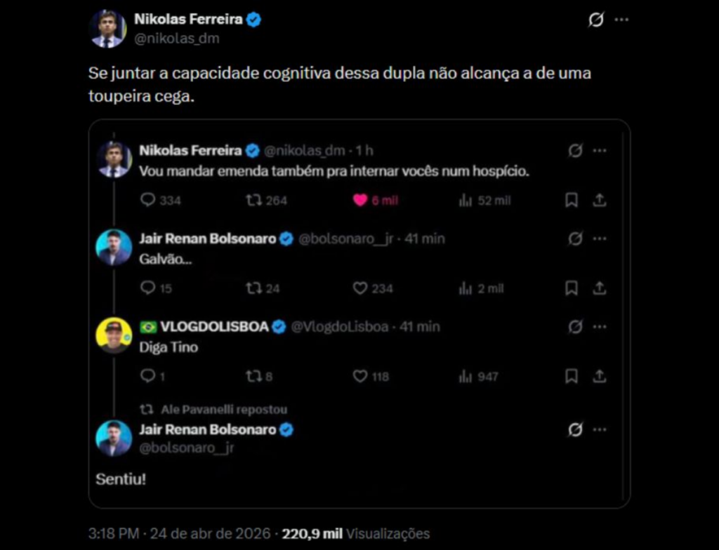 Nikolas Ferreira e Jair Renan trocam ataques nas redes sociais