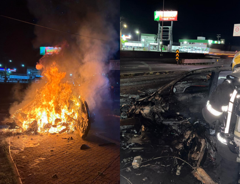 Carro pega fogo após bater em poste na BR-101 e motorista morre carbonizado - Foto: Divulgação/CBMSC