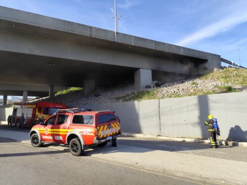 Incêndio embaixo de viaduto mobiliza bombeiros na Grande Florianópolis