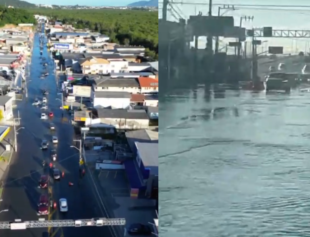 [VÍDEO] Maré alta alaga ruas e assusta motoristas em Florianópolis