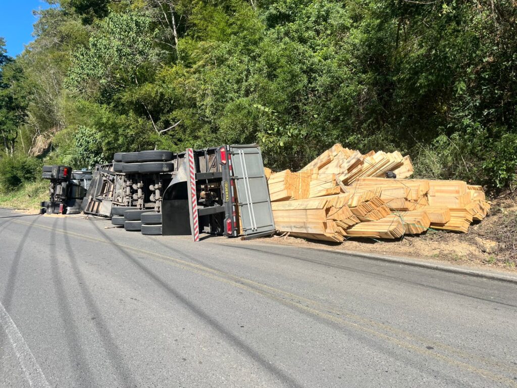 Caminhão carregado de madeira tomba e espalha carga às margens da rodovia em SC