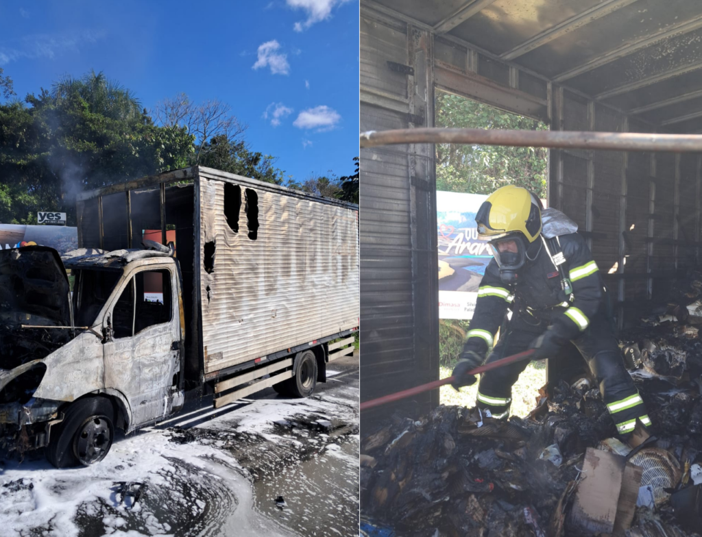 Caminhão é destruído por incêndio e mobiliza bombeiros em Araranguá