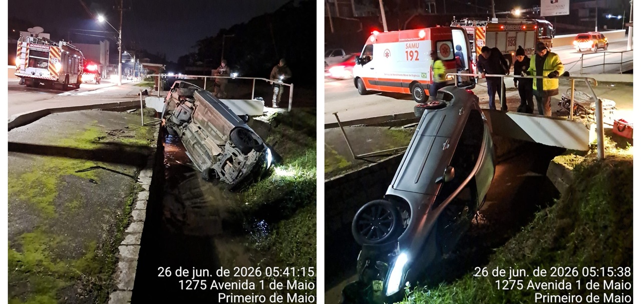 Condutor é socorrido em estado grave após ser ejetado de automóvel antes de queda em ribeirão em Brusque