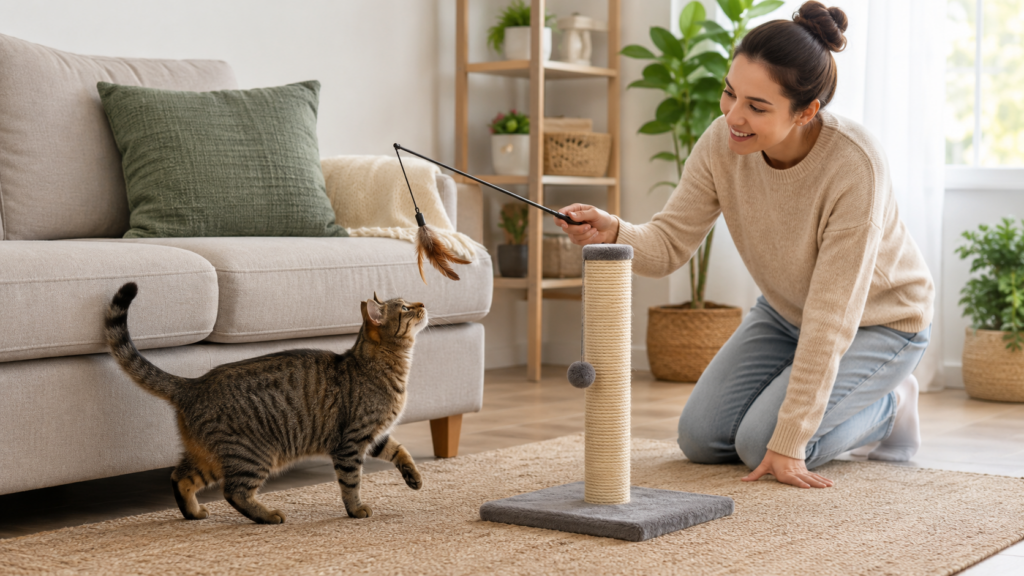 Gato arranhando sofá? 9 formas de redirecionar sem brigar - Imagem criada com IA