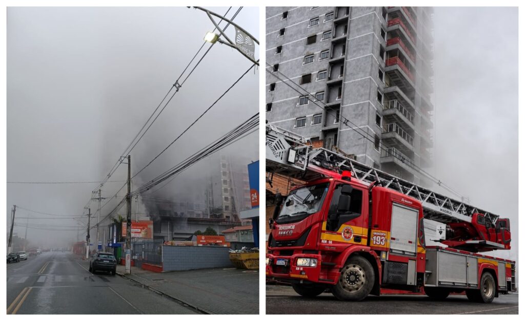 Incêndio em prédio em construção mobiliza equipes do Corpo de Bombeiros de cinco municípios em Balneário Piçarras