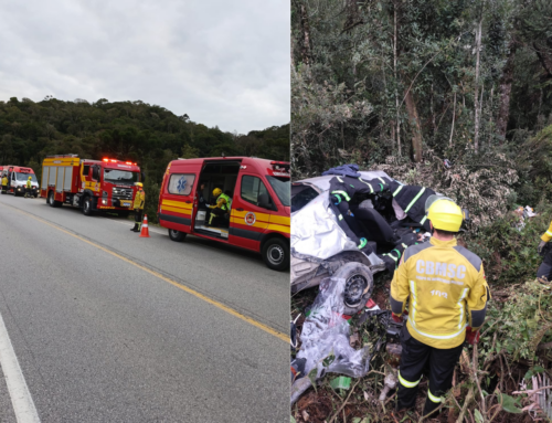 Carro sai da pista na BR-282 e deixa quatro feridos; duas vítimas ficaram presas às ferragens