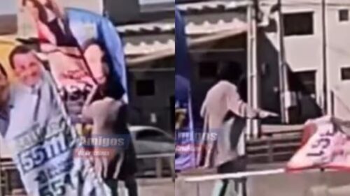 Idosa retira bandeira do PT em avenida movimentada de Criciúma